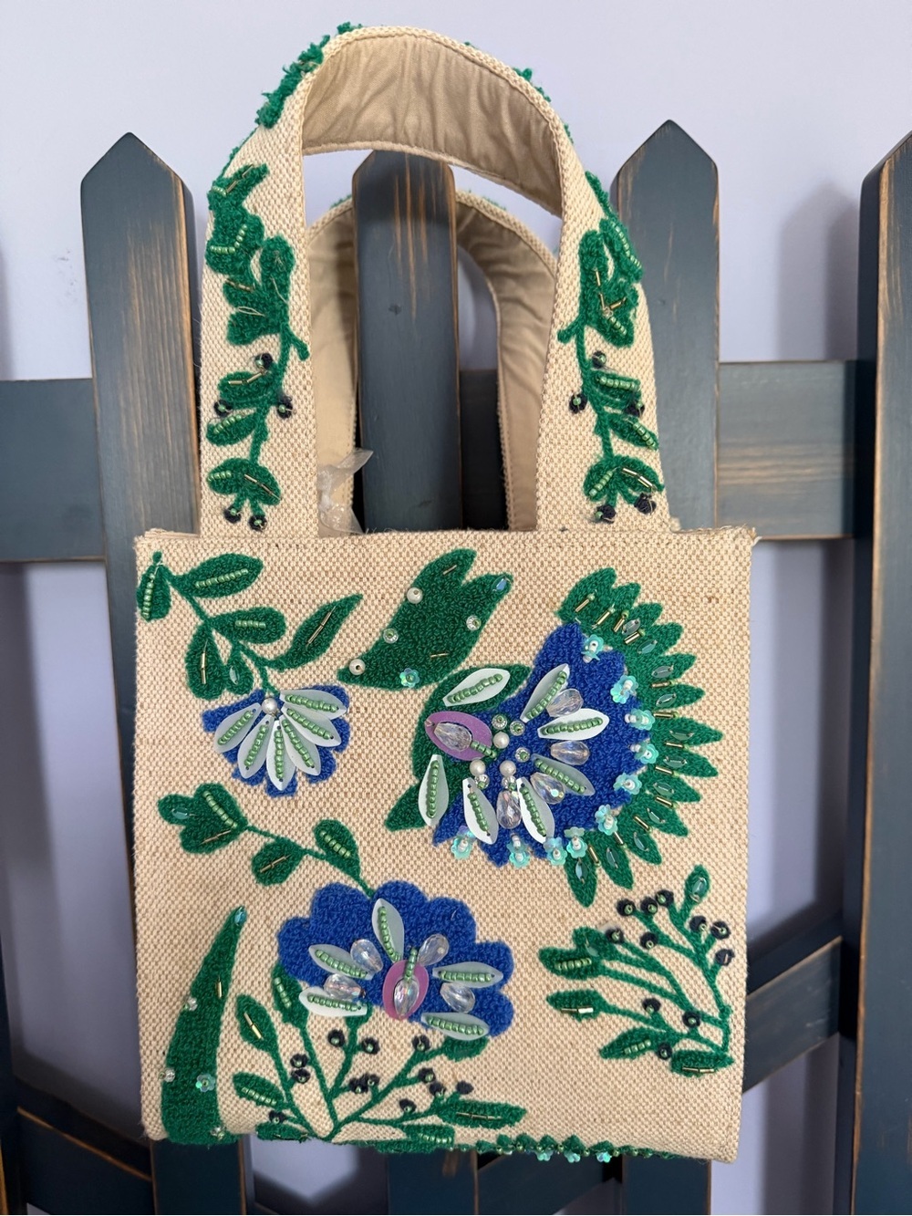 Beaded Bag Floral Embroidered Tote - Green and Blue NWT